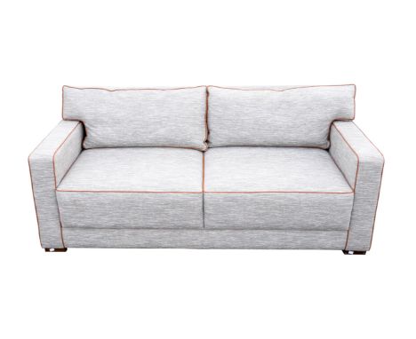 Unknown designer, Sofa, rectangular form with two back cushions, grey material with pale brown piping, 79cm high x 189cm wide