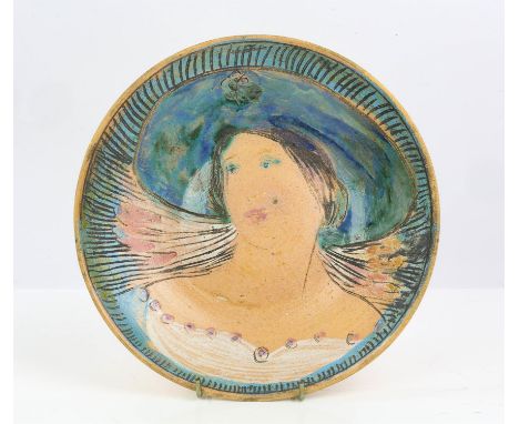 Quentin Bell (British, 1910-1996) for the Fulham Pottery, Girl in a blue hat, signed to the back, 'Quentin Bell Fulham Potter