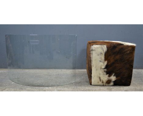 Style of Patrick Frey for Conran, a toughed glass bow front fire screen, 50cm high x 75.5cm wide, together with a brown and b
