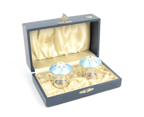 Pair of Danish silver and enamel salt and pepper shakers, stamped to bases, ELA DENMARK, STERLING 9255, 4.5cm high, in origin