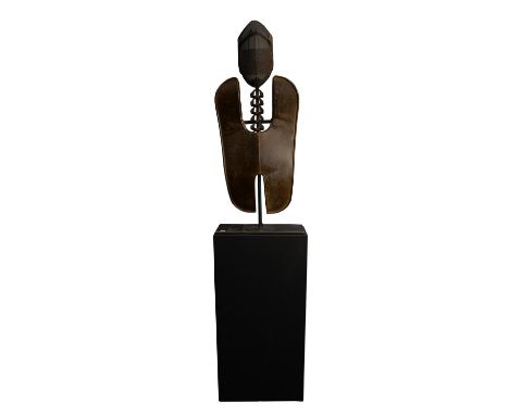 Decorative figural lamp base, 20th Century, welded steel with fencing mask and motorbike fairing, 101cm high, on a block stan
