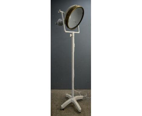 White painted metal and brass surgeons theatre lamp, early 20th century, approximately 210 cm high