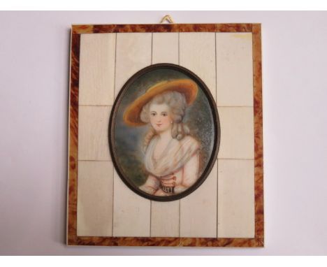 HANDPAINTED OVAL MINIATURE PORTRAIT WITH IVORY KEY AND TORTOISE SHELL FRAME 