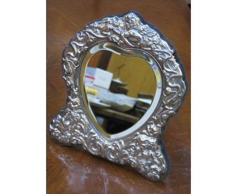 HALLMARKED SILVER HEART FORM REPOUSSE DECORATED DRESSING TABLE MIRROR 