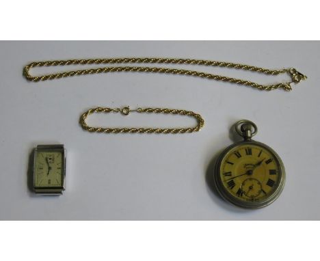 SERVICES ARMY POCKET WATCH, TWO GOLD COLOURED CHAINS AND ART DECO STYLE WATCH FACE