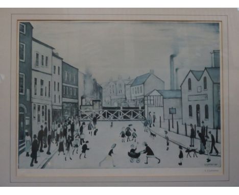 L S LOWRY, PENCIL SIGNED LIMITED EDITION POLYCHROME PRINT- THE LEVEL CROSSING, APPROXIMATELY 44cm x 58cm 