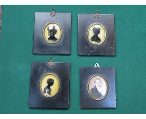 FRAMED MINIATURE PORTRAIT AND THREE FRAMED MINIATURE SILHOUETTES 