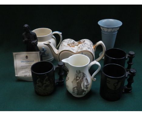 SUNDRY CERAMICS INCLUDING WEDGWOOD VASE, WEDGWOOD BLACK BASALT FIGURE, PORTMEIRION AND ROYAL WORCESTER, ETC.  