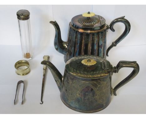 HALLMARKED SILVER BUTTON HOOK, SILVER TOPPED GLASS BOTTLE, PLATED NAPKIN RING, SUGAR TONGS AND TWO TEAPOTS 