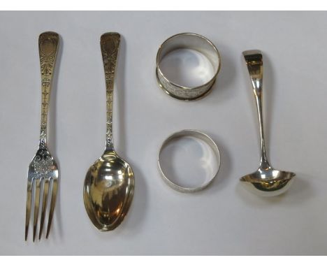 VICTORIAN SILVER FORK AND SPOON SET, SILVER NAPKIN RING AND SMALL LADLE 