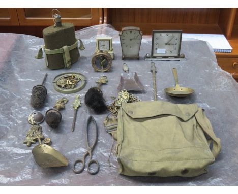 SUNDRY LOT INCLUDING ART DECO MANTEL CLOCKS, MILITARY FLASK IN BAG, BRASSWARE, ETC. 