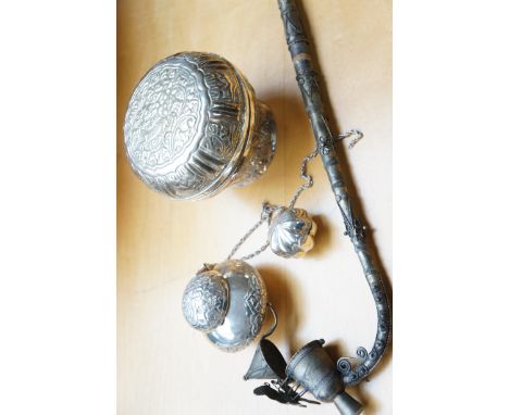 Indian silver bowl with cover &amp; other Indian silver to include a smoking pipe 