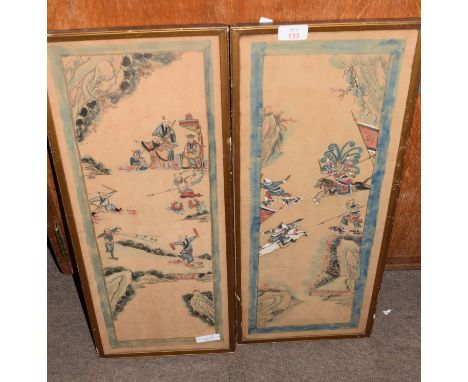 Two Chinese watercolours of warriors in light wooden frames, 53cm long (2)   