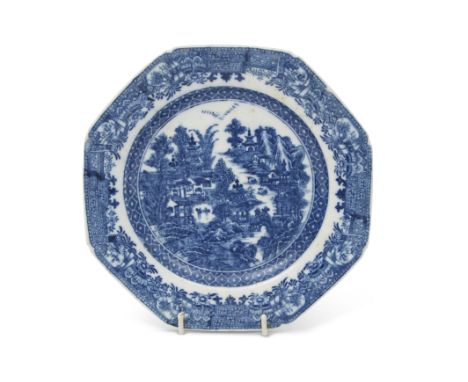 Late 18th century English porcelain plate of octagonal form, probably Caughley, with a printed chinoiserie design, 18cm diam