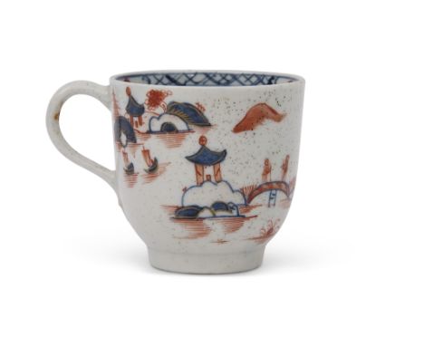 18th century Lowestoft porcelain coffee cup decorated in enamels with the so-called dolls house pattern, 6cm high
