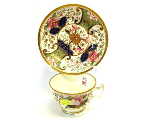 Swansea porcelain London shaped cup and saucer with a Japan pattern, with factory mark in red to base