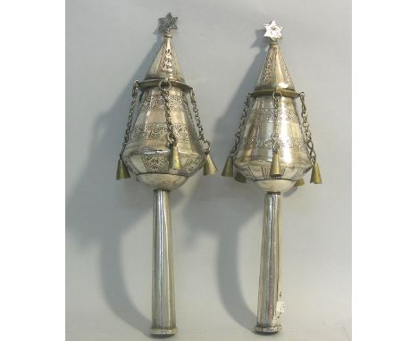 Pair Of Moroccan Silver Torah Finials, Circa 1870, Judaica. The finials are engraved with foliage ornaments and engine turned