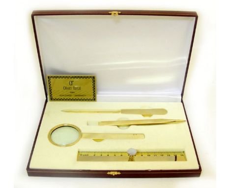Gold Plated Brass Executive Desk Set By Olivier Pascal, London, England. Comprising: Letter opener (length: 18.5cm / 7.28in).