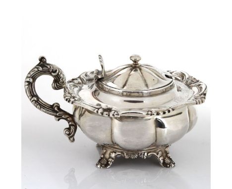 Sterling Silver Mustard Pot, Charles Lias, London, England, 1843. Of compressed lobed form, with flared foliate scroll rim, t