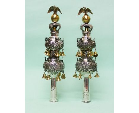 Pair Of Sterling Silver Torah Finials Rimonim, Joseph Zweig, London, England, 1920, Judaica. The finials are chased with flor