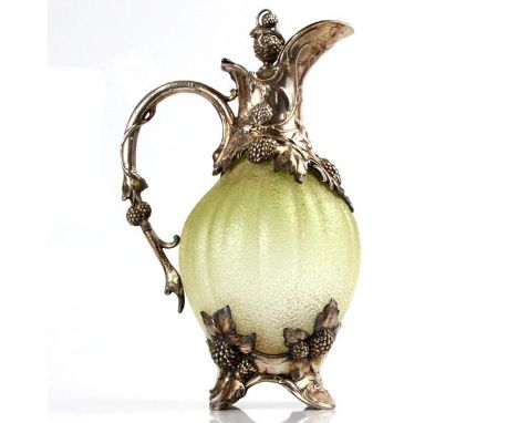 WMF Silver Plated Mounted Frosted Green Glass Claret Jug, Germany, Circa 1900. Lobed tinted green frosted glass body. The sil