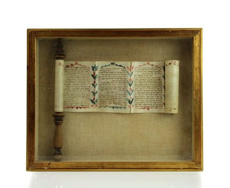 Framed Illustrated Esther Scroll on Parchment, Judaica.With turned wooden roller. Parchment length: 12cm / 4.7in. Frame: 41.5