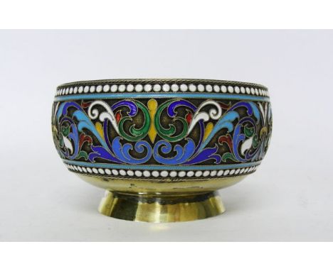 Gilt Silver and Enamel Cloisonne Bowl, Alexander Lyubavin, St. Petersburg, Russia, 1896-1908. Circular form bowl decorated wi