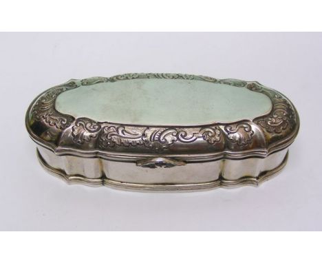 Silver Table Snuff Box, Anton Michelsen, Copenhagen, Denmark, 1942. Of oval shape, the hinged lid with Rosenborg foliate deco