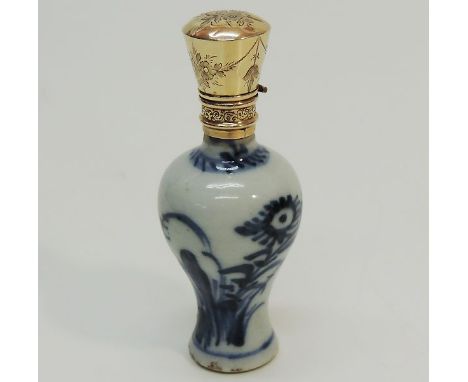14k Yellow Gold Mounted Delft Ceramic Scent Bottle, Netherlands, Ca 1875. Of baluster form with floral and foliate hand paint