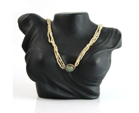 Natural Bahrain Seed Pearls triple Strand necklace. 14k yellow gold and sterling silver clasp, set with a semi transparent ja