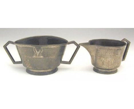 Art Deco Pewter Milk Jug &amp; Sugar Basin Set, Sheffield, England, Circa 1920. Comprising a milk jug and sugar basin with ha