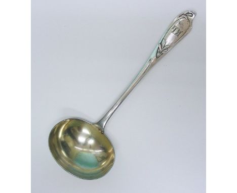 Art Nouveau Silver Sauce Gravy Ladle By Koch &amp; Bergfeld, Bremen, Germany, Circa 1900. The handle is decorated with foliat