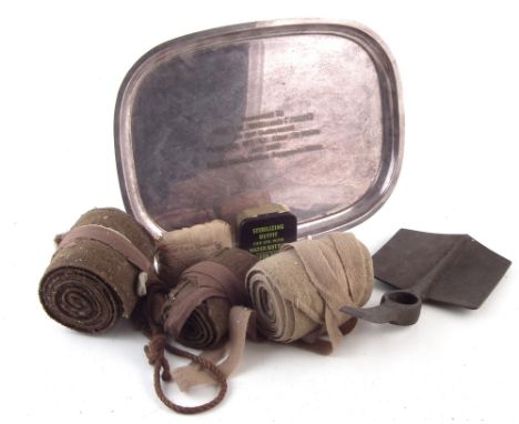 1917 EW Lucas army pick head, three rolls of leggings/strapping, W.R.A.F. 1969 tray presented to W.O (w) Williams (Anna) 1942