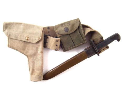 US M1 Garand SWI bayonet and scabbard dated 1943 with belt, US ammo pouch and a holster.