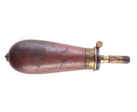 Pistol / revolver powder flask named James Dixon and Sons Sheffield, copper and brass construction, calibrated to throw 1/2, 