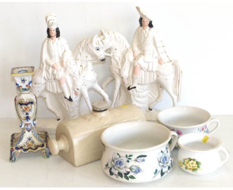 A pair of Staffordshire flat back figures, two Port Meirion chamber pots and one other, a continental candlestick and hot wat