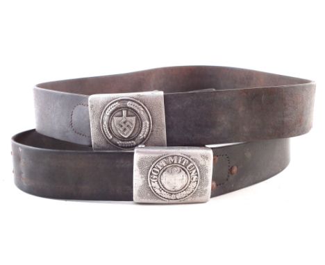 Two German WW2 Third Reich belts , one of Army pattern, the leather stamped 4 (E) /Pz Alw. 16II, the other of R.A.D. pattern 