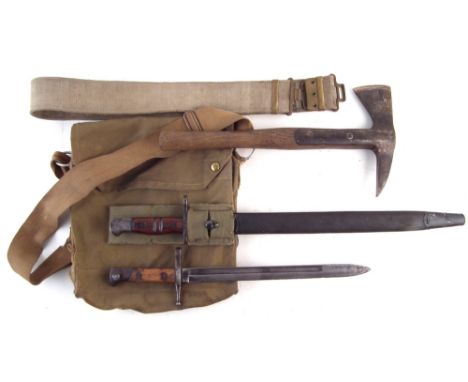 P14 bayonet marked W 1913 and scabbard with frog, Italian Cacarno dated 1942, an AFS fire axe, and home guard webbing.