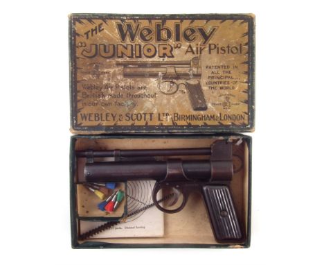 Webley Junior .177 air pistol with box, with tin plate grips, serial number J21638, with targets, cleaning rod and darts, the