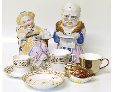 A pair of figure tobacco jars, Crown Derby paperweight, two Spode cups and saucers and two othersCondition reports are not av