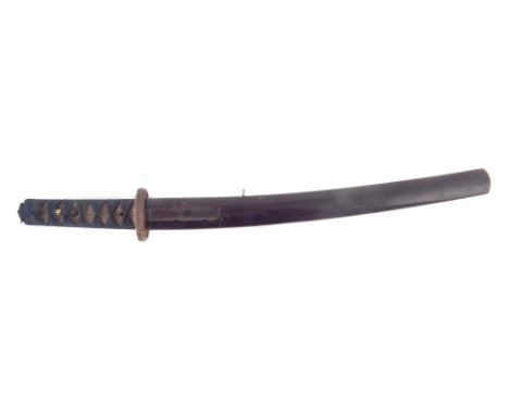 Japanese Wakizashi, with lacquer and wood scabbard, signed tang, pierced iron tsuba, 59cm overall length including scabbard.