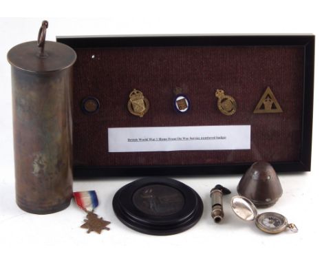 Collection of WWI items , to include Ypres 1917 shell case trench art made into a bell (possibly for gas alert) trench compas