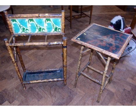 Victorian Bamboo three division stick stand with tiled back and similar square occasional table.Condition reports are not ava