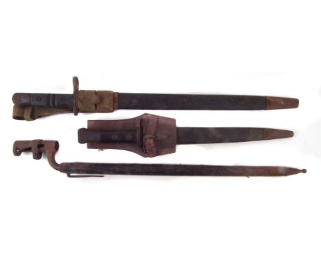 Three Bayonets, to include an 1888 pattern bayonet with frog and scabbard by Wilkinson, a P14 bayonet with scabbard and frog,