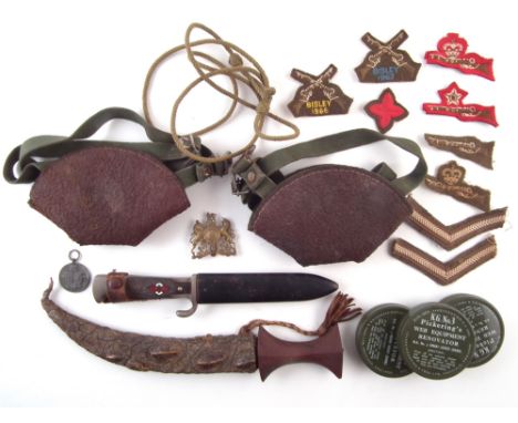 Collection of items, to include a Hitler Youth knife and scabbards by Max Weyersberg (blade not engraved), Spanish Blue Legio
