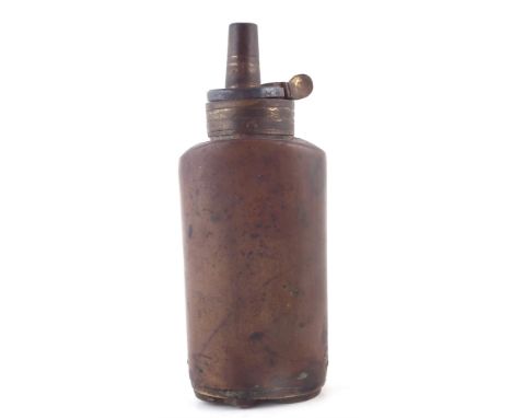 Brass and Copper Pistol size powder flask with bullet and wad compartment base 11.5cm high