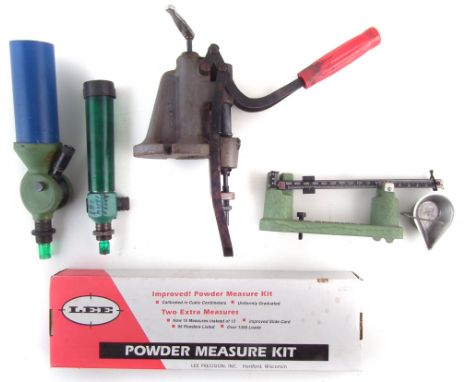 Reloading equipment, to include Lyman lube sizer, Redding powder thrower and one other by RCBS, set of Redding scales, and a 