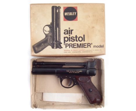 Webley Premier .22 air pistol with box, serial number 1570 together with components list and target, the pistol measures 19cm