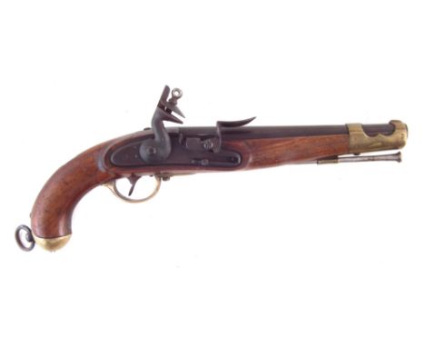 1798 pattern 17mm calibre flintlock holster pistol, with Belgian proof marks, brass nose cap and furniture, lanyard ring to b