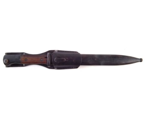 German Third Reich WWII 84/98 Waffenamt stamped bayonet, marked E.u.F. Horster, with scabbard and frog, fitted with wood grip